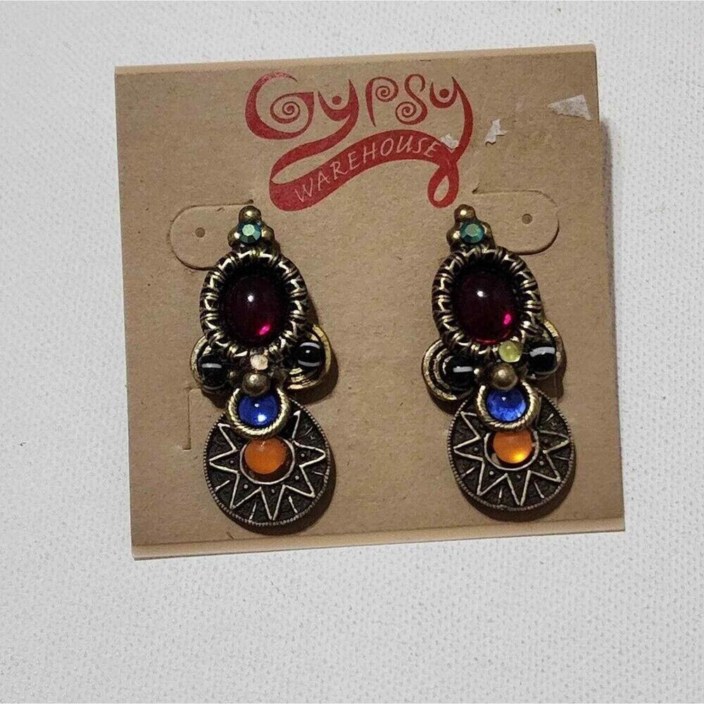 Treska Gypsy Boho Sunburst Drop Earrings Multi Color Jewel Tone Bronze‎ Tone